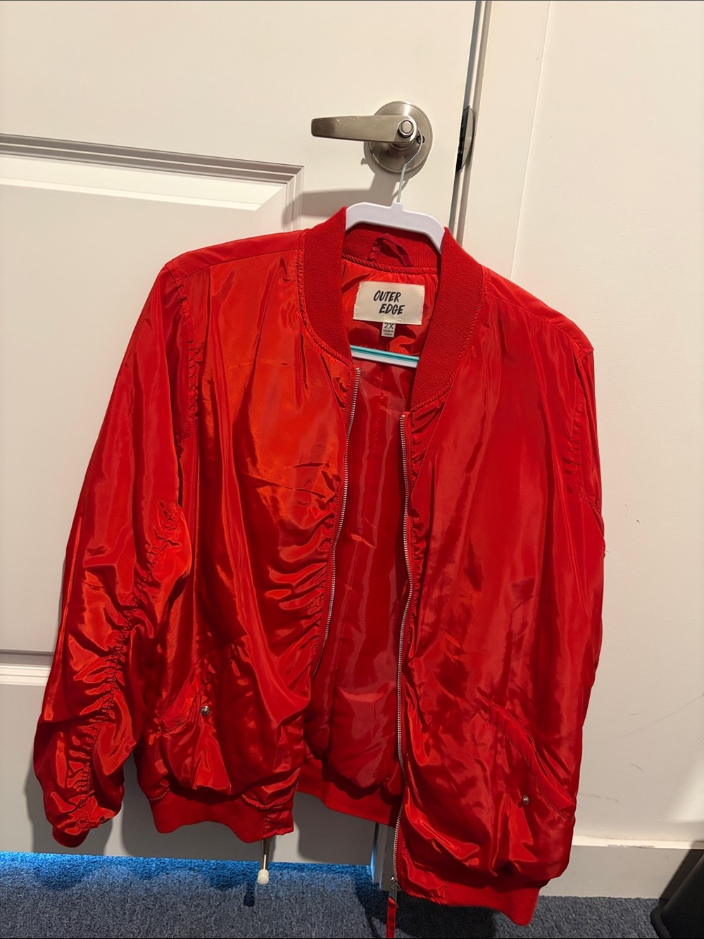 Outer Edge Red Satin Bomber Jacket